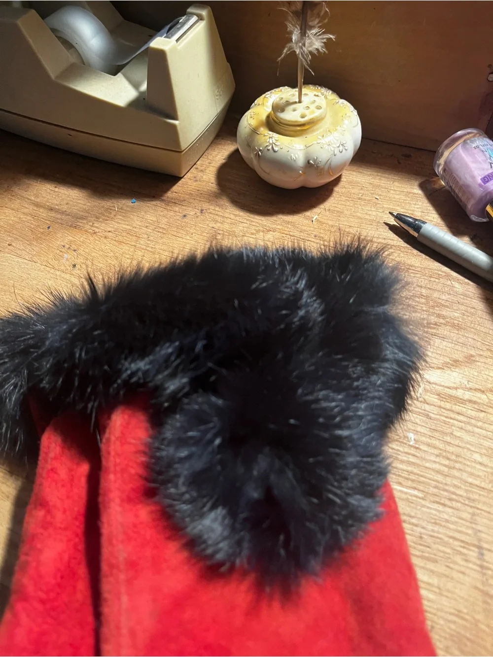Genuine, red suede leather with rabbit fur!!